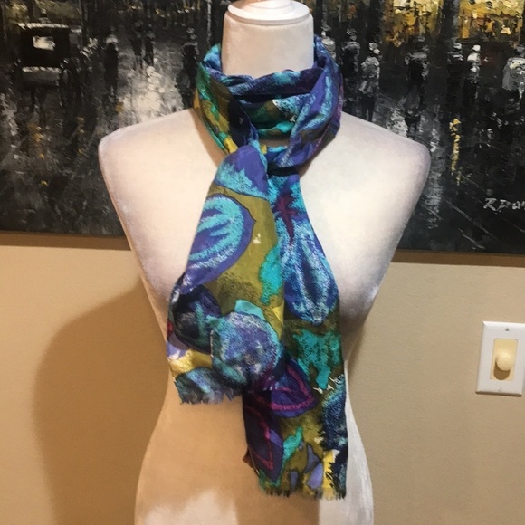 Express Jewel Tone Watercolor 100% Silk Scarf-Size 10x84 - Picture 5 of 8